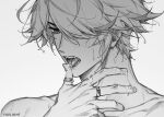  1boy alhaitham_(genshin_impact) bare_shoulders blush fang genshin_impact greyscale hand_up jewelry licking monochrome ring suggestive_fluid sweat tongue yuelight 