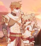  2boys abs aether_(genshin_impact) armor blindfold blonde_hair blurry blurry_background character_request closed_mouth cosplay crossdressing desert detached_sleeves genshin_impact highres jeht_(genshin_impact) jeht_(genshin_impact)_(cosplay) long_hair male_focus multiple_boys nipples otoko_no_ko outdoors parted_lips pectorals raramuda_0101 red_blindfold tartaglia_(genshin_impact) toned toned_male twintails twitter_username 