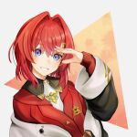  1girl ange_katrina badge blue_eyes coat collared_jacket grin hair_intakes head_tilt jacket long_sleeves looking_at_viewer medium_hair nijisanji red_hair red_jacket salute smile solo teeth triangle triangle_hair_ornament upper_body virtual_youtuber watanacat wide_sleeves 