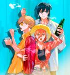  1girl 2boys black_hair blonde_hair blue_eyes bottle brown_eyes chainsaw_man cigarette collared_shirt crop_top cup denji_(chainsaw_man) double_bun food food_request hair_between_eyes hair_bun hand_on_headwear hat hayakawa_aki highres holding holding_bottle holding_cigarette holding_cup holding_innertube innertube long_sleeves looking_at_viewer multiple_boys ohisama33ohayo3 open_clothes open_mouth open_shirt orange_eyes orange_shirt parted_lips power_(chainsaw_man) red_eyes red_innertube sharp_teeth shaved_ice shirt short_hair short_sleeves sunglasses teeth tied_shirt tongue tongue_out untucked_shirt upper_body white_shirt yellow_eyes 