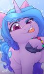  2023 blue_hair blue_tail bracelet cutie_mark digital_media_(artwork) equid equine eyebrows eyelashes female feral hair hasbro hi_res hooves horn horn_markings izzy_moonbow_(mlp) jewelry leg_tuft mammal markings mlp_g5 my_little_pony purple_body purple_eyes purple_hooves rivin177 smile tail tongue tongue_out tuft underhoof unicorn unicorn_horn 