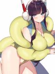  1girl bare_shoulders black_hair blonde_hair blue_eyes blunt_bangs breasts cleavage collarbone elesa_(pokemon) fumyuun headphones highleg large_breasts long_hair open_mouth pokemon pokemon_(game) pokemon_bw short_hair solo thighs white_background 