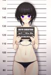  1girl absurdres bikini black_bikini black_hair blunt_bangs blush closed_mouth commentary_request commission cowboy_shot expressionless height_chart height_mark highres holding holding_sign idolmaster idolmaster_cinderella_girls looking_at_viewer mugshot purple_eyes shirayuki_chiyo short_hair sign skeb_commission solo standing stomach swimsuit taiyou-n 
