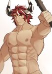  1boy abs alternate_facial_hair animal_ears arknights bara completely_nude cow_boy cow_ears cow_horns expressionless facial_hair hand_up highres holding horns humus_(arknights) large_pectorals male_focus mature_male multicolored_hair muscular muscular_male navel navel_hair nipples nude opqrald pectorals red_hair short_hair solo stomach streaked_hair stubble thick_eyebrows upper_body 