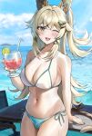  1girl :3 ;d animal_ears bare_arms bare_shoulders bikini blonde_hair blue_sky blush cameltoe cat_ears cat_tail cloud commentary_request cowboy_shot cup cupping_glass day drinking_straw fang food fruit genshin_impact green_eyes groin half_updo hand_up hei_d highres holding holding_cup kirara_(genshin_impact) lime_(fruit) lime_slice long_hair looking_at_viewer mismatched_bikini multiple_tails nail_polish navel ocean one_eye_closed open_mouth sky smile solo stomach swimsuit tail thighs two_tails very_long_hair water yellow_nails 