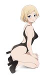 1girl ass bare_arms bare_legs bare_shoulders black_footwear black_one-piece_swimsuit blonde_hair blue_eyes blush breasts competition_swimsuit coro_fae dot_nose from_side hayasaka_nao high_heels highres kaguya-sama_wa_kokurasetai_~tensai-tachi_no_renai_zunousen~ looking_at_viewer mature_female medium_breasts one-piece_swimsuit paid_reward_available parted_bangs parted_lips platform_footwear shadow short_hair simple_background socks solo swimsuit turning_head white_background 