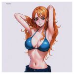  1girl absurdres ai-assisted bikini bikini_top_only blue_bikini breasts commentary denim earrings english_commentary eyelashes happy highres jewelry large_breasts long_hair looking_at_viewer nami_(one_piece) navel one_piece orange_eyes orange_hair prixmal signature simple_background smile solo standing swimsuit wavy_hair 