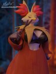  3d_(artwork) anthro blender_(software) bra breasts canid canine clothed clothing delphox digital_media_(artwork) fangs female generation_6_pokemon hand_on_hip hi_res hiddenmask18 lidded_eyes mammal navel nintendo open_mouth partially_clothed pokemon pokemon_(species) robe solo stick teeth underwear 
