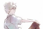  11kkr 1boy arm_up brown_pants closed_mouth grey_hair hair_between_eyes hand_on_own_knee looking_at_viewer male_focus nagisa_kaworu neon_genesis_evangelion pants red_eyes shirt short_hair short_sleeves sitting smile solo white_shirt 