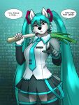  2023 3:4 5_fingers absurd_res anthro bottomwear canid canine canis clothing code dialogue digital_media_(artwork) english_text female fingers food hatsune_miku hi_res holding_food holding_object leek looking_at_viewer mammal mykegreywolf onion plant school_uniform skirt solo text uniform vegetable vocaloid wolf 