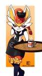  anthro apron beverage celes_(celes_the_whim) cinderace clothing coffee container cup generation_8_pokemon hair hat hazby_o&#039;neil headgear headwear hi_res kris_concepts male necktie nintendo notched_ear pokemon pokemon_(species) red_eyes red_hair simple_background smile solo white_body 