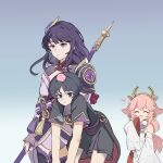  1boy 2girls :3 ^_^ black_hair bright_pupils carrying closed_eyes detached_sleeves genshin_impact hand_to_own_mouth head_bump highres holding holding_polearm holding_weapon japanese_clothes kimono long_wind looking_ahead multiple_girls obi pink_hair polearm purple_eyes purple_hair purple_kimono purple_nails raiden_shogun sash scaramouche_(genshin_impact) scaramouche_(kabukimono)_(genshin_impact) short_hair short_sleeves simple_background sleeves_past_wrists tassel weapon white_kimono white_pupils wide_sleeves yae_miko 