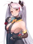  1girl aiguillette asymmetrical_clothes azur_lane bismarck_(azur_lane) bismarck_(azur_lane)_(cosplay) bismarck_(beacon_of_the_iron_blood)_(azur_lane) bismarck_(coat_of_arms) black_dress black_gloves black_nails breasts brown_eyes cleavage cosplay cross cross_necklace dress epaulettes filin finger_to_mouth fingerless_gloves gloves grey_hair grin hair_between_eyes hair_ribbon highres iron_blood_(emblem) jewelry large_breasts long_hair looking_at_viewer nail_polish necklace official_alternate_costume prinz_eugen_(azur_lane) ribbon sideboob signature simple_background smile solo teeth twintails upper_body white_background 