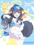  1girl :d absurdres animal_ears armpits arms_up bare_shoulders black_hair blue_archive blue_background blue_eyes blush bow breasts cheerleader cowboy_shot crop_top dog_ears dog_girl dog_tail eyewear_on_head goggles hair_bow hair_ornament halo hibiki_(blue_archive) hibiki_(cheer_squad)_(blue_archive) highres holding holding_pom_poms long_hair looking_at_viewer midriff millennium_cheerleader_outfit_(blue_archive) miniskirt navel official_alternate_costume open_mouth pleated_skirt pom_pom_(cheerleading) remi_arts ribbon skirt small_breasts smile solo standing star_(symbol) star_sticker sticker_on_face stomach tail thigh_gap thighhighs white_skirt yellow_halo 