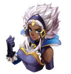  1girl artist_name battle_queen_rell blue_eyes breasts clenched_hand cropped_torso dark-skinned_female dark_skin gloves hairstyle_request headpiece league_of_legends lipstick looking_at_viewer makeup medium_breasts rell_(league_of_legends) sidelocks simple_background solo vmat white_background white_hair 