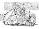  2022 absurd_res coloring_page desertyrain_minrok digital_drawing_(artwork) digital_media_(artwork) dragon dragonlovers dremora duo embrace female feral hi_res horn hug looking_at_another male male/female membrane_(anatomy) membranous_wings monochrome natoli nuzzling scales scalie simple_background sitting tail tail_tuft text tuft twisted_horns western_dragon wings 