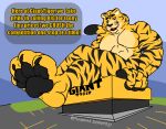  abs advertisement anthro english_text feet felid foot_focus fujiyama_samoyed_(artist) giant_tiger(mascot) giant_tiger_canada hindpaw macro male mammal muscular muscular_anthro muscular_male pantherine parking_lot pawpads paws pecs perspective simple_background sitting_on_building smile solo supermarket text tiger 
