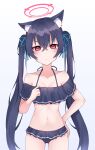  1girl animal_ears bikini black_bikini black_hair blue_archive blush cat_ears collarbone commentary_request frilled_bikini frills highres korean_commentary long_hair official_alternate_costume red_eyes serika_(blue_archive) serika_(swimsuit)_(blue_archive) simple_background solo swimsuit twintails upper_body white_background yamggu 