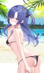  1girl aamana0 absurdres ass beach bikini black_bikini blue_archive blush breasts halo highres large_breasts long_hair open_mouth outdoors purple_eyes purple_hair solo swimsuit wet yuuka_(blue_archive) 