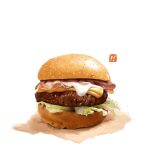  bacon bun_(food) burger cheese food food_focus highres lettuce meat no_humans original riskhaaa_5612 sesame_seeds simple_background still_life white_background 