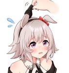  1girl 1other absurdres animal_ears bare_shoulders black_hairband black_jacket blush bow collared_dress curren_chan_(umamusume) disembodied_limb dress ear_bow ear_covers ears_through_headwear flying_sweatdrops goom_(goomyparty) grey_hair hair_between_eyes hairband highres horse_ears jacket off-shoulder_jacket off_shoulder parted_lips purple_eyes red_bow simple_background sleeveless sleeveless_dress solo_focus striped striped_dress umamusume upper_body vertical-striped_dress vertical_stripes white_background 