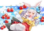  1girl absurdres animal_ears bag blonde_hair blue_hairband blush brown_eyes cherry commentary_request food food_in_mouth fruit grey_hair hairband highres long_hair long_sleeves looking_at_viewer mochizuki_himari multicolored_hair rabbit_ears rabbit_girl red_skirt shoulder_bag skirt solo streaked_hair thighhighs uni_create virtual_youtuber white_background white_thighhighs yunagi921 zettai_ryouiki 