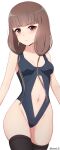  1girl absurdres blue_one-piece_swimsuit blush breasts brown_eyes brown_hair clothing_cutout english_commentary highleg highres iino_miko kaguya-sama_wa_kokurasetai_~tensai-tachi_no_renai_zunousen~ long_hair looking_at_viewer low_twintails medium_breasts navel navel_cutout one-piece_swimsuit roswell_ss simple_background solo swimsuit thighhighs twintails white_background 