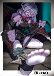  1girl absurdres ahoge artist_name belt black_belt blurry blurry_foreground border breasts briar_(league_of_legends) chromatic_aberration clenched_hand colored_sclera commentary czero_czero detached_sleeves eyes_visible_through_hair feet fingernails foot_focus foot_out_of_frame full_body gradient_border gradient_hair grey_border grey_hair grey_nails hair_over_one_eye highres league_of_legends legs long_hair looking_at_viewer medium_breasts multicolored_hair no_pupils no_shoes on_ground open_mouth outside_border pale_skin pink_hair pointy_ears red_sclera shadow sharp_teeth sitting smile soles solo stirrup_legwear teeth toeless_legwear toes two-tone_hair upper_teeth_only vampire white_eyes wrist_cuffs 