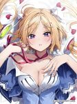  1girl aki_rosenthal blonde_hair blue_eyes blush breasts chigusa_minori cleavage collarbone commentary_request hand_on_own_chest highres hololive large_breasts looking_at_viewer parted_lips petals short_hair single_bare_shoulder solo upper_body virtual_youtuber 