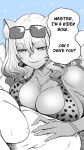  1boy 1girl animal_ear_fluff animal_ears animal_print bikini blue_background breasts brown_eyes cleavage eyewear_on_head fate/grand_order fate_(series) fingernails fox_ears greyscale_with_colored_background hair_between_eyes half-closed_eyes highres jewelry leopard_print long_hair lying lying_on_person mixed-language_commentary monochrome muscular muscular_male nail_polish necklace print_bikini seductive_smile shinsaku_(stan-art) smile speech_bubble spot_color sunglasses suzuka_gozen_(fate) suzuka_gozen_(swimsuit_rider)_(fate) sweatdrop swimsuit topless topless_male 