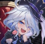  1girl ahoge blue_eyes fang feeding furina_(genshin_impact) genshin_impact gloves half-closed_eyes hat highres looking_at_viewer open_mouth portrait smile solo teeth top_hat upper_teeth_only white_hair 
