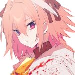  1boy astolfo_(fate) blood blood_in_hair blood_on_clothes closed_mouth empty_eyes fate/grand_order fate_(series) frown hair_between_eyes hair_ribbon highres koyashaka looking_at_viewer male_focus multicolored_hair otoko_no_ko purple_eyes ribbon simple_background solo streaked_hair upper_body white_background 