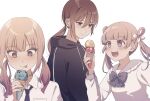  3girls :d black_bow black_hoodie black_necktie blush bow brown_eyes brown_hair collared_shirt commentary_request double_scoop drawstring food frills hair_between_eyes hair_rings highres holding holding_food hood hood_down hoodie ice_cream ice_cream_cone long_hair low_ponytail low_twintails multiple_girls necktie original ponytail shirt simple_background smile teeth tongue tongue_out tsuruse twintails upper_teeth_only white_background white_shirt 