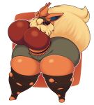  anthro big_breasts big_butt big_tail black_sclera blonde_hair bottomwear breasts butt clothing dewy-eyedboy eeveelution female flareon fur generation_1_pokemon hair hat headgear headwear hi_res huge_breasts huge_butt huge_thighs hyper hyper_breasts hyper_butt hyper_thighs nintendo one_eye_obstructed orange_body orange_fur pokemon pokemon_(species) shirt shorts solo standing tail thick_thighs topwear unknown_character wardrobe_malfunction white_eyes wide_hips 