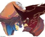  1boy 1girl blue_skin brown_hair cabbie_hat colored_skin dark_skin dragon_install faceoff guilty_gear hat heads_together highres long_hair may_(guilty_gear) mil17459623 monster_boy monster_girl no_pupils orange_headwear simple_background sol_badguy white_background 