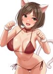  1girl alternate_costume animal_collar animal_ears armpits bikini blush breasts breasts_apart brown_hair cat_ears cat_tail collar collarbone fang green_eyes groin halterneck highres idolmaster idolmaster_cinderella_girls large_breasts looking_at_viewer maekawa_miku micro_bikini navel red_bikini short_hair side-tie_bikini_bottom simple_background solo stomach string_bikini swimsuit tail thigh_gap tomajiyama white_background wristband 