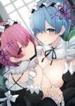  2girls blue_eyes blue_hair blush breast_press breasts chiyo_(pk19981234) commentary_request hair_over_one_eye highres holding_hands large_breasts looking_at_viewer maid multiple_girls pink_hair ram_(re:zero) re:zero_kara_hajimeru_isekai_seikatsu red_eyes rem_(re:zero) short_hair symmetrical_docking window 