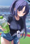  1girl black_skirt blue_archive blue_buruma blue_eyes blue_hair blue_jacket bottle bra_visible_through_clothes breasts buruma closed_mouth collarbone giving gym_shirt gym_uniform halo highres holding holding_bottle id_card jacket lanyard large_breasts leaning_forward lemonade long_hair looking_at_viewer off_shoulder official_alternate_costume open_clothes open_jacket partially_unzipped ponytail see-through shirt short_sleeves skirt solo stadium star_sticker sticker_on_face sweatdrop track_jacket ttusee5 wet wet_clothes wet_shirt yuuka_(blue_archive) yuuka_(gym_uniform)_(blue_archive) 
