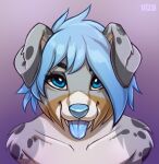  2022 anthro artist_name blue_eyes blue_hair blue_nose blue_tongue canid canine digital_media_(artwork) eyebrows eyelashes female folded_ears fur gradient_background grey_body grey_fur hair hi_res icon looking_at_viewer mammal purple_background shaded simple_background solo tongue tongue_out vtza 
