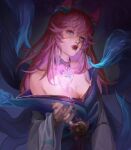  1girl ahri_(league_of_legends) animal_ears bare_shoulders bell blue_eyes breasts cleavage facial_mark fox_ears fox_tail hand_up japanese_clothes kimono kumiho large_breasts league_of_legends long_hair muzi_zhe_yi nail_polish off_shoulder pink_nails red_hair solo spirit_blossom_ahri tail whisker_markings 