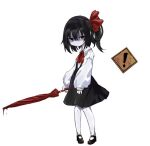  ! 1girl ascot black_footwear black_hair black_skirt blood_drip bow closed_mouth colored_skin cookie_(touhou) expressionless flat_chest full_body hair_between_eyes hair_bow holding holding_umbrella long_bangs looking_at_viewer mary_janes medium_hair ponytail red_ascot red_bow red_eyes red_umbrella shaded_face shirt shoes sign simple_background siyudi_(cookie) skirt sleeves_past_wrists solo sparseseethe standing suspender_skirt suspenders umbrella warning_sign white_background white_shirt white_skin 