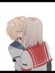  2girls 34fa11inlove ahoge arms_at_sides ayano_rika black_sleeves blonde_hair blue_sailor_collar blush chuuou_academy_school_uniform closed_eyes facing_another from_behind grey_hair hand_on_another&#039;s_face highres kamihama_university_affiliated_school_uniform kiss layered_sleeves letterboxed long_sleeves magia_record:_mahou_shoujo_madoka_magica_gaiden mahou_shoujo_madoka_magica medium_hair multiple_girls red_sailor_collar sailor_collar sailor_shirt school_uniform scrunchie serafuku shirt short_hair short_over_long_sleeves short_sleeves simple_background swept_bangs two_side_up upper_body white_background white_scrunchie white_shirt yuri 