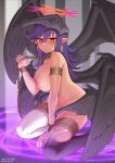  1girl absurdres armlet blush breasts chain collar commission darklord_ixchel duel_monster earrings fallen_angel feathered_wings feet_out_of_frame halo head_wings highres jewelry kkam-sang large_breasts long_hair metal_collar multiple_wings nipples nude pixiv_id pointy_ears purple_hair red_eyes seraph solo thighhighs thighlet thighs torn_clothes torn_thighhighs twitter_username wings yu-gi-oh! 