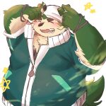  anthro bandanna blush canid canine canis clothing domestic_dog fur green_body green_fur hi_res jacket kerchief komu_san8 lifewonders live_a_hero male mammal mokdai overweight smile solo topwear wristband 