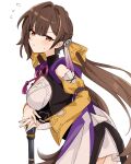  1girl :t awe_(adorableduckyy) bell breasts brown_eyes brown_hair clothing_cutout flying_sweatdrops hair_bell hair_ornament hair_ribbon hands_on_hilt highres honkai:_star_rail honkai_(series) low_twintails pout ribbon shoulder_cutout solo sushang_(honkai:_star_rail) sweatdrop twintails white_background 