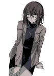  1girl black-framed_eyewear black_eyes black_sweater brown_hair brown_jacket highres jacket looking_at_viewer round_eyewear simple_background sweater turtleneck uguisu_anko user_ette8224 white_background yofukashi_no_uta 