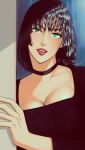  1girl black_hair breasts choker cleavage dress fubuki_(one-punch_man) green_eyes highres lipstick looking_at_viewer makeup mostlybluewyatt one-punch_man parted_lips red_lips short_hair smile solo twitter_username 