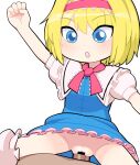  1boy 1girl alice_margatroid bar_censor blonde_hair blue_dress blue_eyes blush bow bowtie breasts censored clothed_sex commentary cookie_(touhou) cowboy_shot dress frilled_dress frilled_sash frills hairband hetero hospital_king ichigo_(cookie) medium_bangs open_mouth penis pink_bow pink_bowtie pink_hairband pink_sash pov pussy sash sex short_hair simple_background small_breasts solo_focus textless_version touhou vaginal white_background 