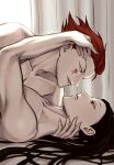  2boys black_hair collarbone empty_eyes enyalee eye_contact from_side hair_slicked_back highres hisoka_morow hunter_x_hunter illumi_zoldyck long_hair looking_at_another male_focus multiple_boys nude playing_with_another&#039;s_hair red_hair seductive_smile short_hair skinny smile yaoi 