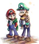  2boys blue_overalls boots brick_floor brothers brown_footwear brown_hair facial_hair food food_on_face full_body gloves green_headwear green_scarf green_shirt hand_in_pocket hat highres holding holding_food looking_at_another luigi mario mario_&amp;_luigi_rpg mario_(series) masanori_sato_(style) multiple_boys mustache overalls red_headwear red_scarf red_shirt red_socks scarf shirt short_hair siblings simple_background socks striped striped_scarf striped_socks two-tone_scarf two-tone_socks white_background white_gloves white_scarf white_socks ya_mari_6363 